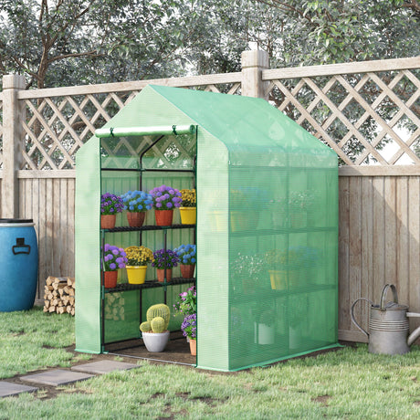 easycomfort serra da giardino con scaffali copertura in pe e porta avvolgibile 143x138x190 cm verde