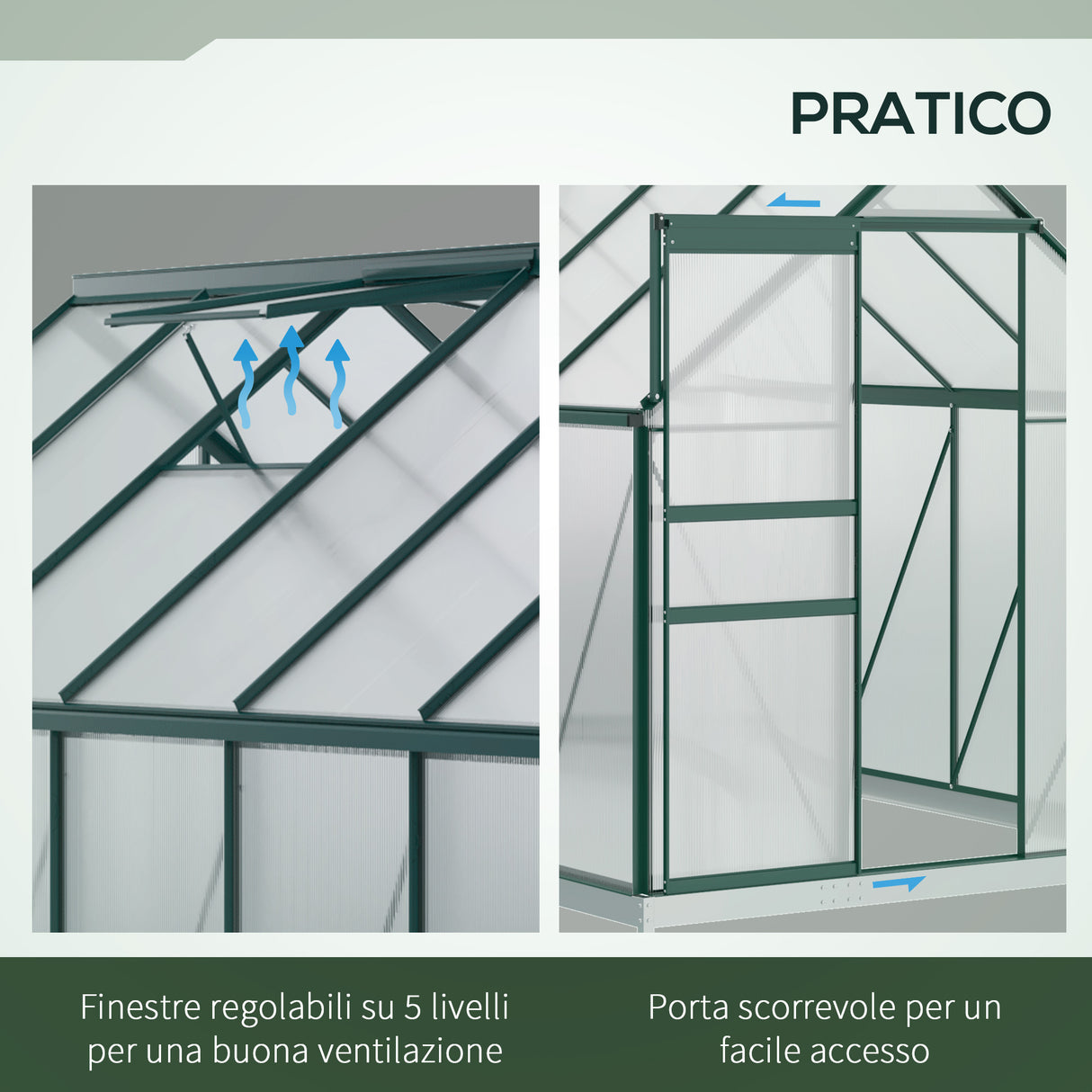 easycomfort serra da giardino in policarbonato 190x375x199cm con finestra apribile e porta scorrevole struttura in alluminio verde