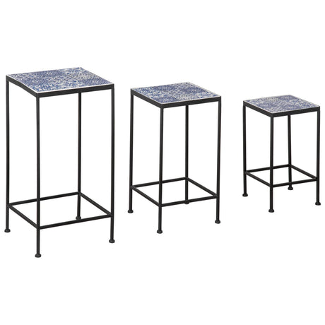 easycomfort portapiante floreale di metallo con superficie in piastrelle di ceramica 3 unita per giardino e balcone blu e nero