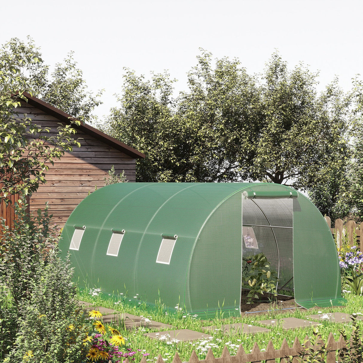 easycomfort serra a tunnel da esterno con copertura in pe porta con cerniera e 6 finestre verde