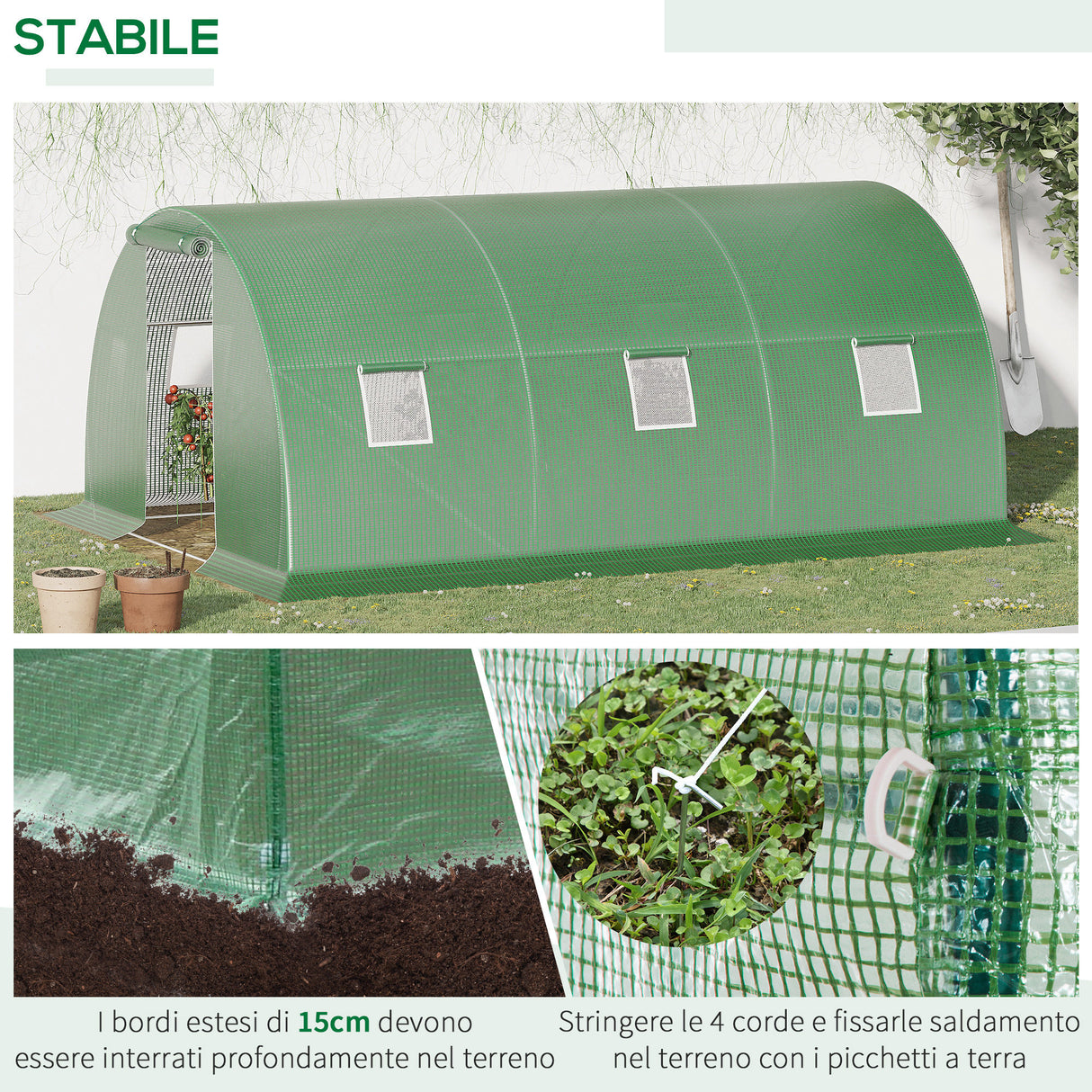 easycomfort serra a tunnel da esterno con copertura in pe porta con cerniera e 6 finestre verde