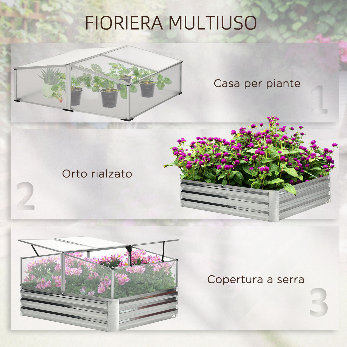 easycomfort fioriera in metallo rialzata con copertura in pc per uso esterno in giardino e balcone 126x107x57.5 67.5 cm