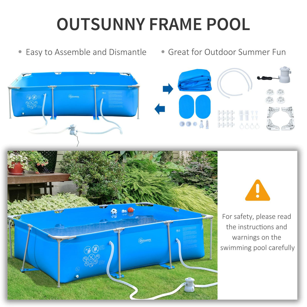 easycomfort piscina fuoriterra autoportante rigida rettangolare con filtro e valvola in acciaio e pvc blu 252x152x65cm