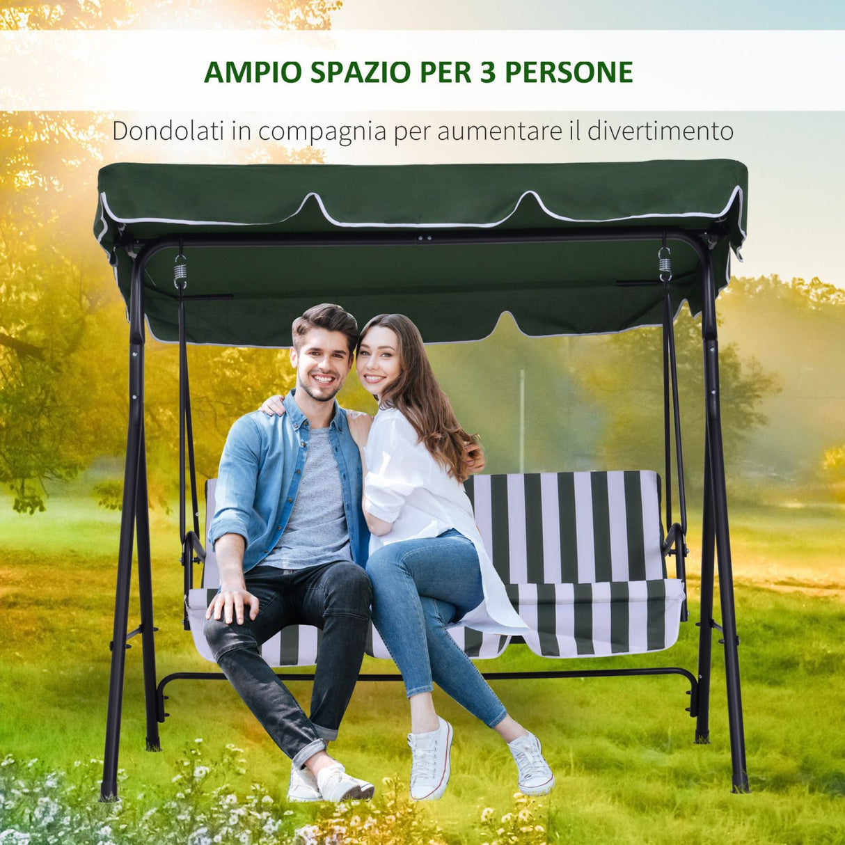 easycomfort easycomfort dondolo da giardino 3 posti con tetto e struttura in acciaio a righe verde e bianco