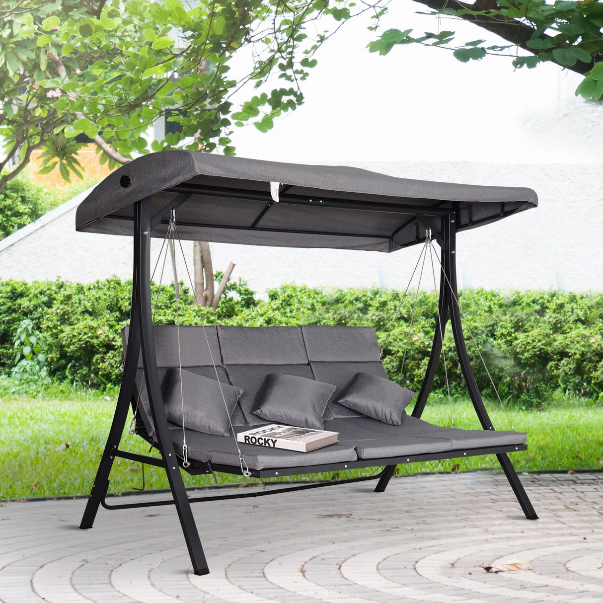 easycomfort easycomfort dondolo reclinabile 3 posti in tessuto con cuscini e tetto regolabile grigio 200 x 115 x 168 cm