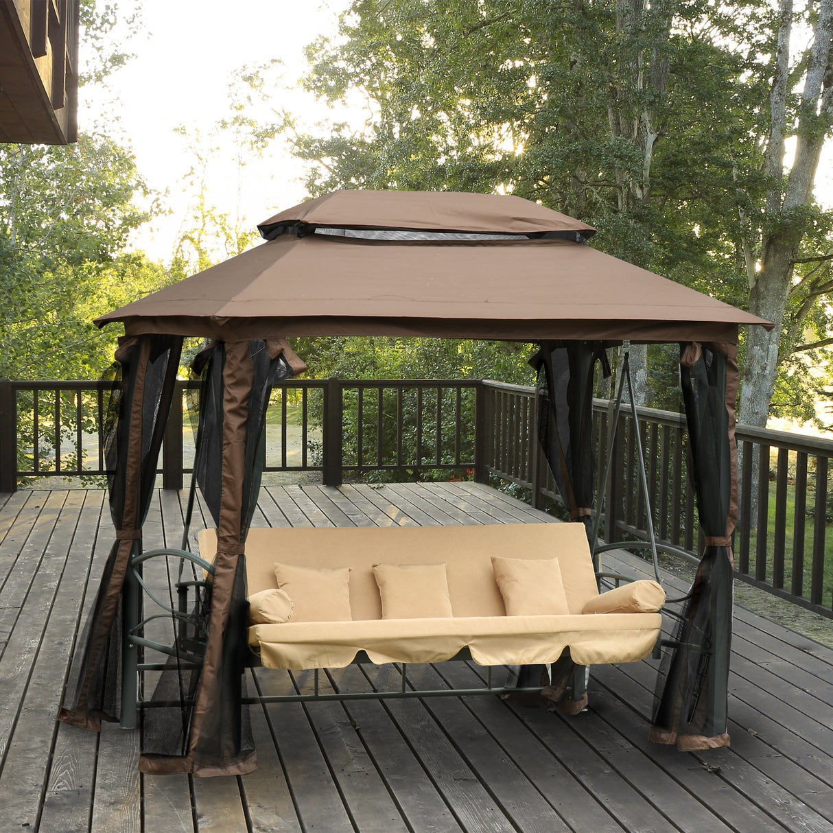 easycomfort easycomfort dondolo 3 posti da giardino convertibile in lettino con gazebo con zanzariera e cuscini 257x175x240cm cachi