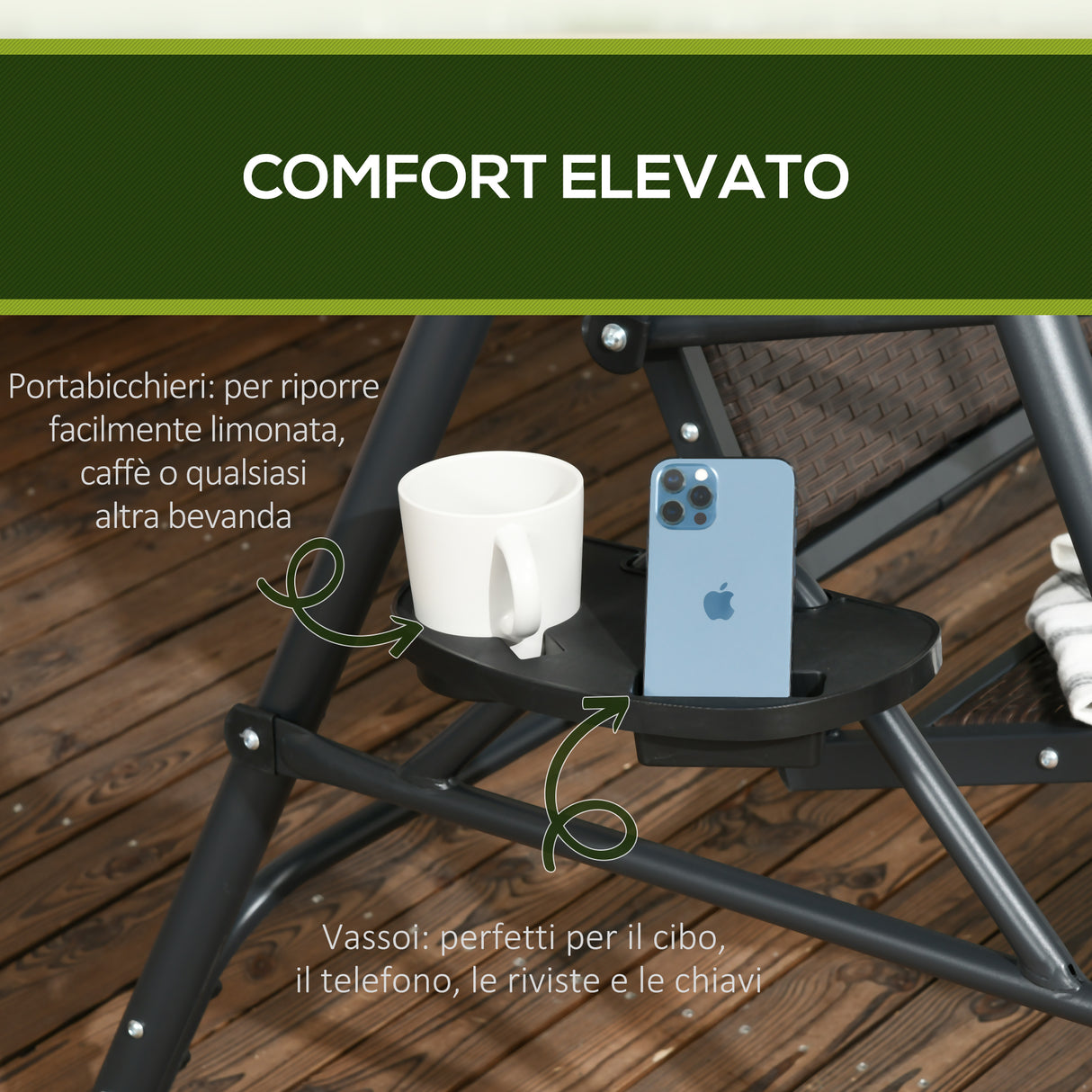 easycomfort dondolo da giardino 3 posti in rattan pe e acciaio con tettuccio regolabile e portabicchieri 204x112x150 cm