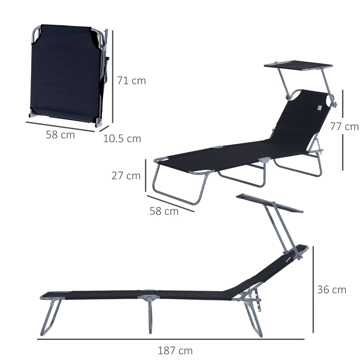 easycomfort easycomfort sdraio prendisole con tettuccio pieghvole schienale reclinabile nero