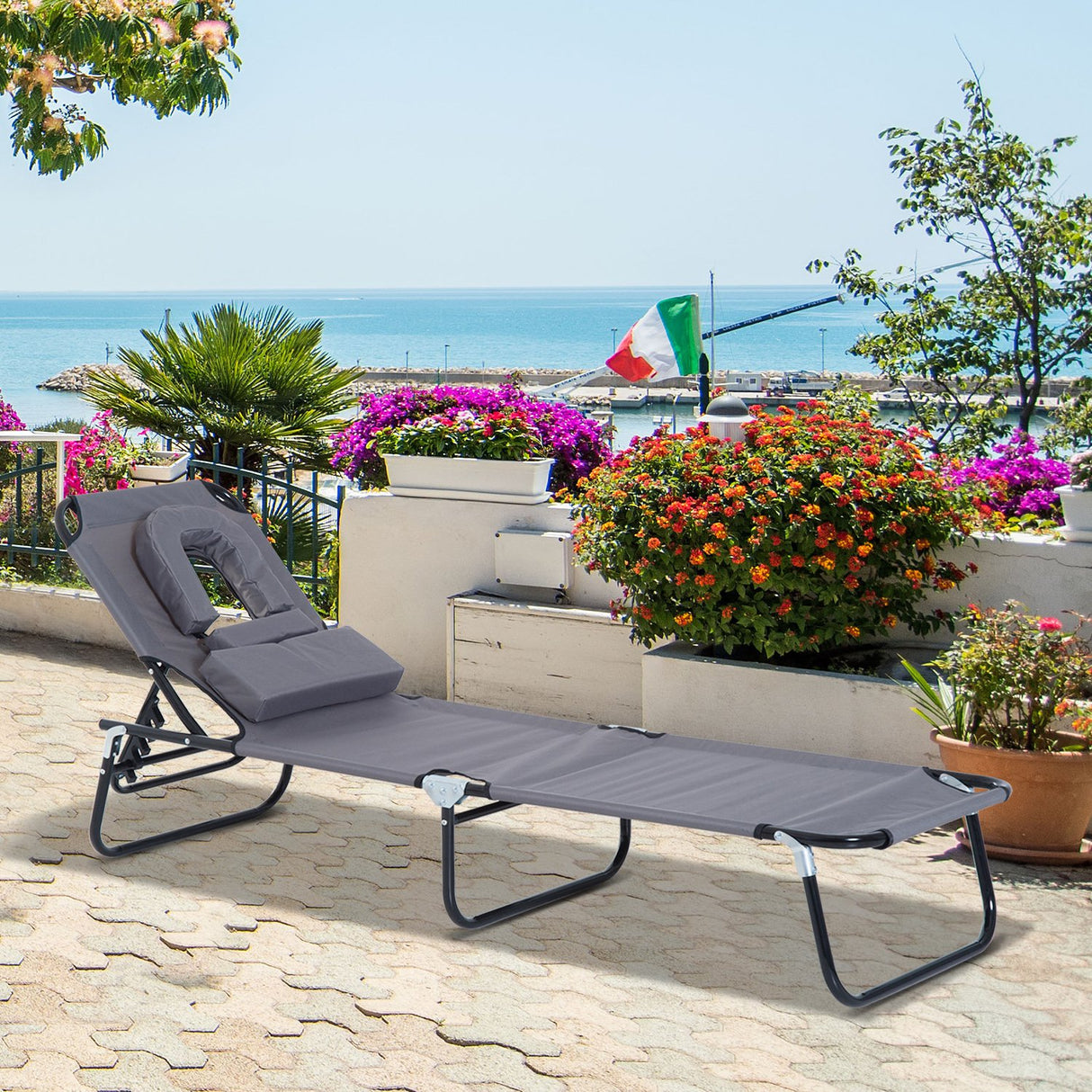 easycomfort easycomfort lettino prendisole relax pieghevole con cuscino poggiatesta grigio