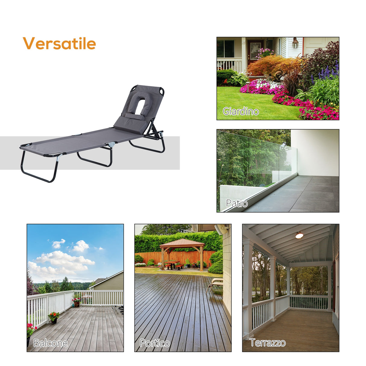 easycomfort easycomfort lettino prendisole relax pieghevole con cuscino poggiatesta grigio