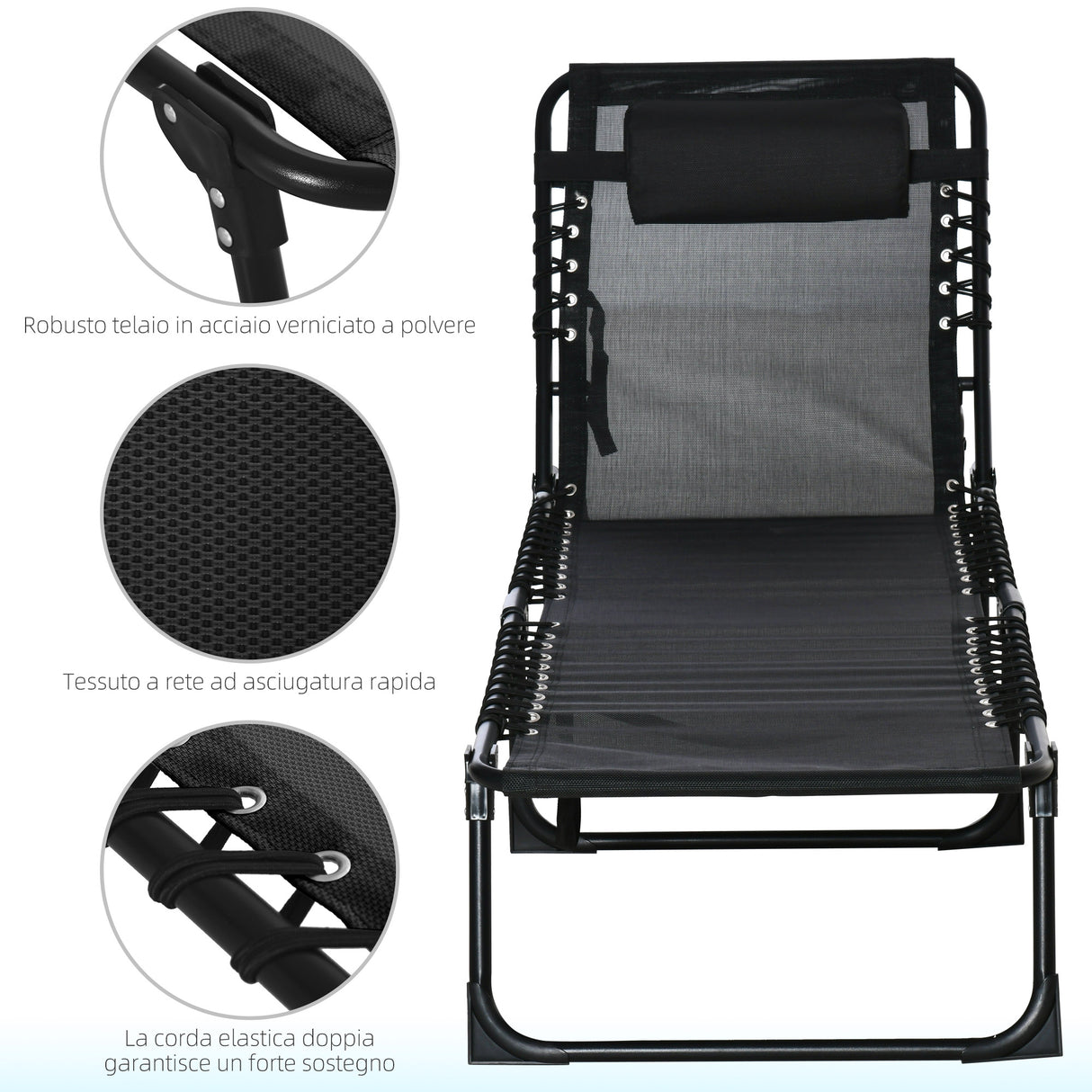 easycomfort easycomfort lettino prendisole in acciaio e tessuto traspirante con schienale reclinabile 197x58x26 cm nero