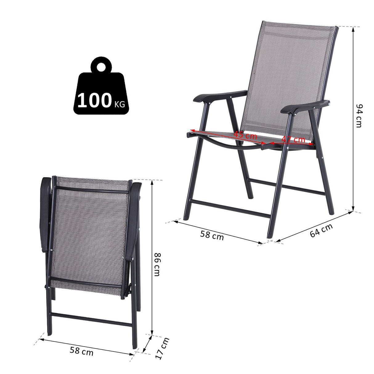 easycomfort easycomfort set di 4 sedie pieghevoli da esterni in acciaio e textilene grigio e nero