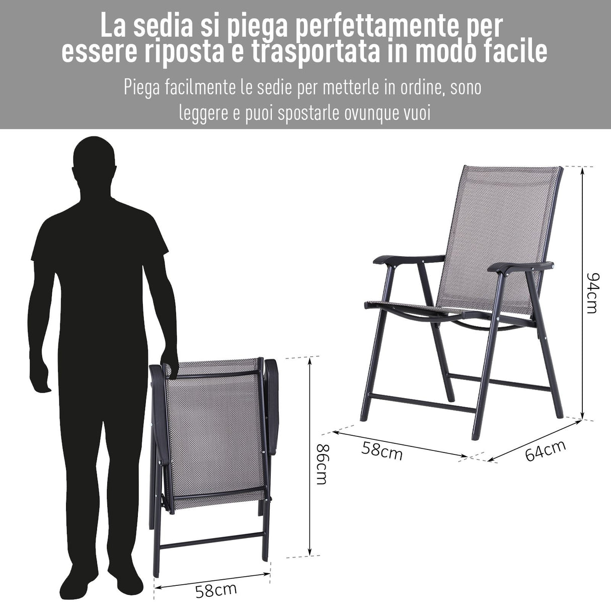 easycomfort easycomfort set di 4 sedie pieghevoli da esterni in acciaio e textilene grigio e nero