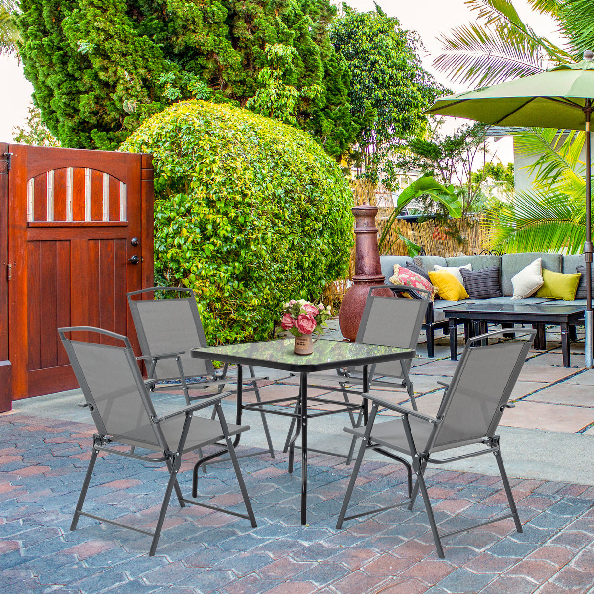easycomfort easycomfort set tavolo con 4 sedie da giardino pieghevoli e foro per ombrellone nero