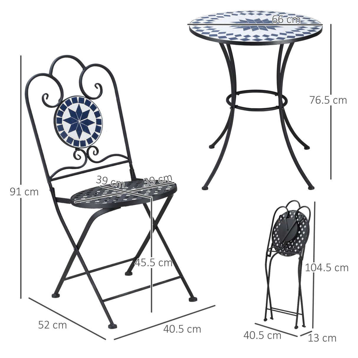 easycomfort set da giardino 3 pezzi con 2 sedie pieghevoli e 1 tavolino rotondo a mosaico