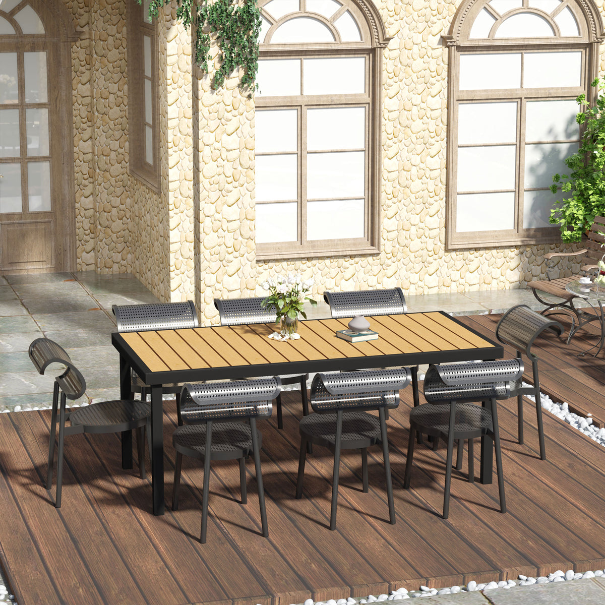 easycomfort easycomfort tavolo da giardino per 8 persone in alluminio tavolo da esterno in plastica per terrazzo e balcone nero e color legno