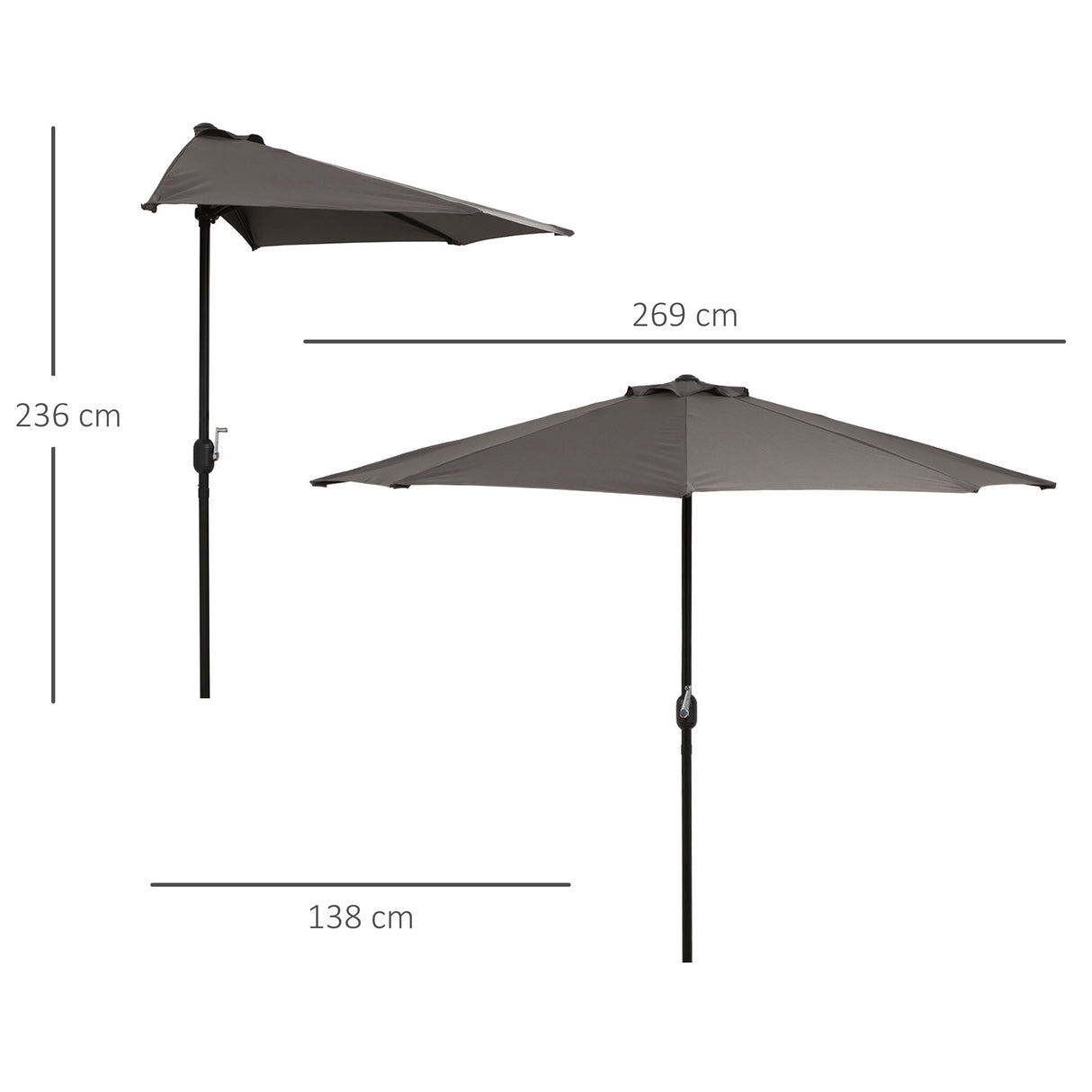 easycomfort easycomfort ombrellone semicircolare da parete con manovella in poliestere e metallo 2 7x2 4 m grigio