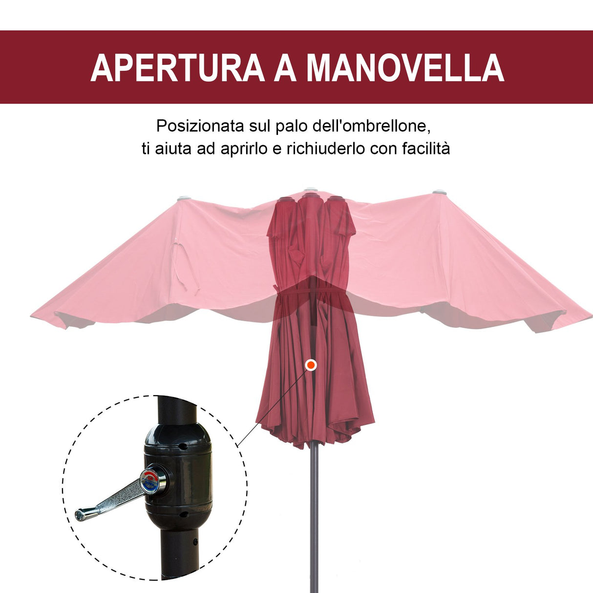 easycomfort easycomfort ombrellone da giardino 460x270x240cm doppio con apertura a manovella acciaio e poliestere rosso vino