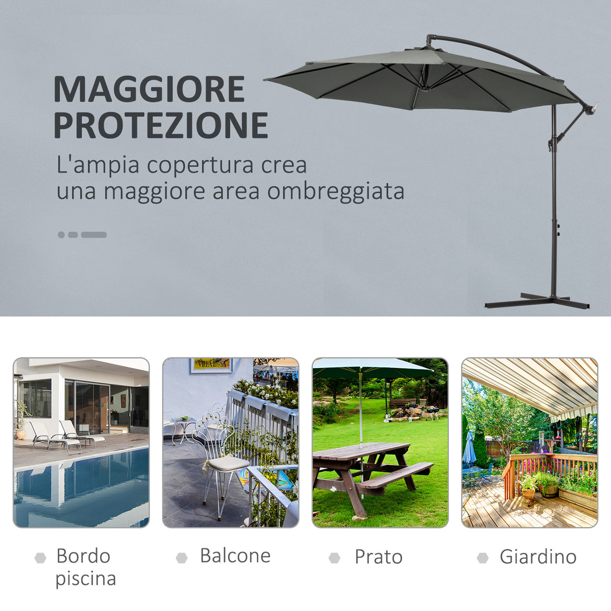 easycomfort easycomfort ombrellone da esterni 3x2 5 m decentrato con manovella struttura in acciaio e poliestere anti uv grigio