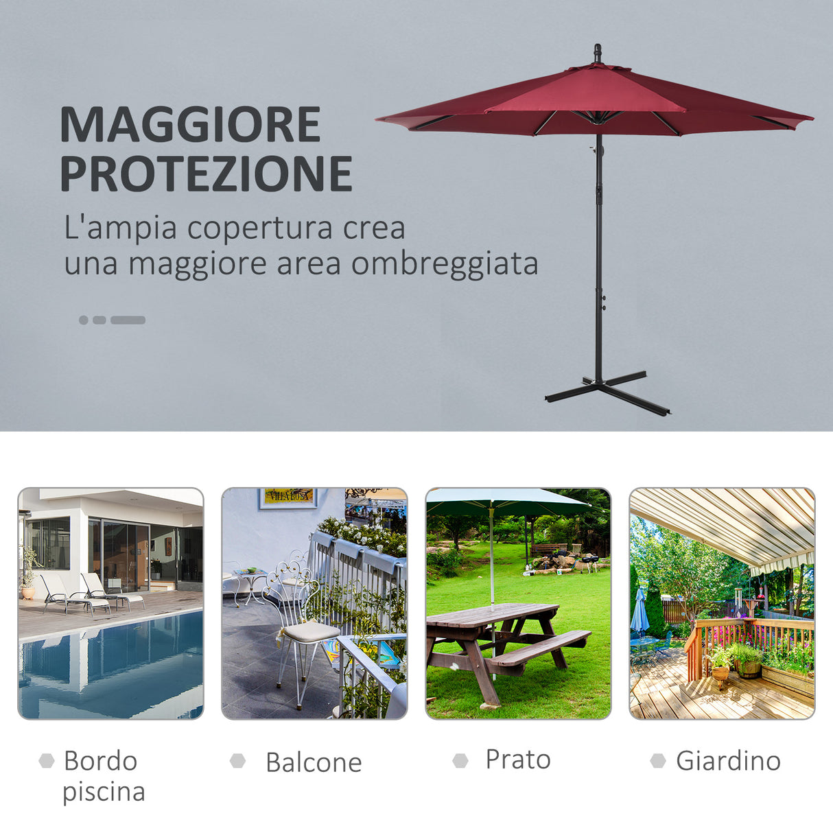easycomfort easycomfort ombrellone da esterni 3x2 5 m decentrato rosso scuro in poliestere anti uv e acciaio con manovella