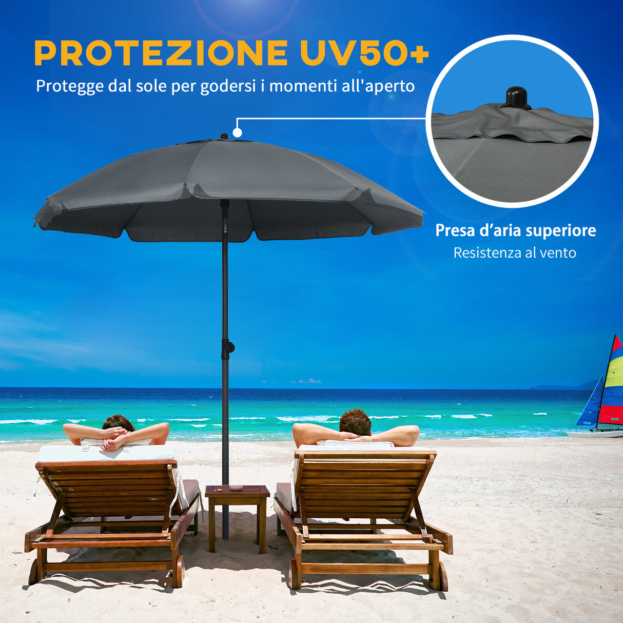 easycomfort ombrellone da spiaggia 1.8x2 m in poliestere e acciaio a 8 stecche con reclinazione a 45 grigio