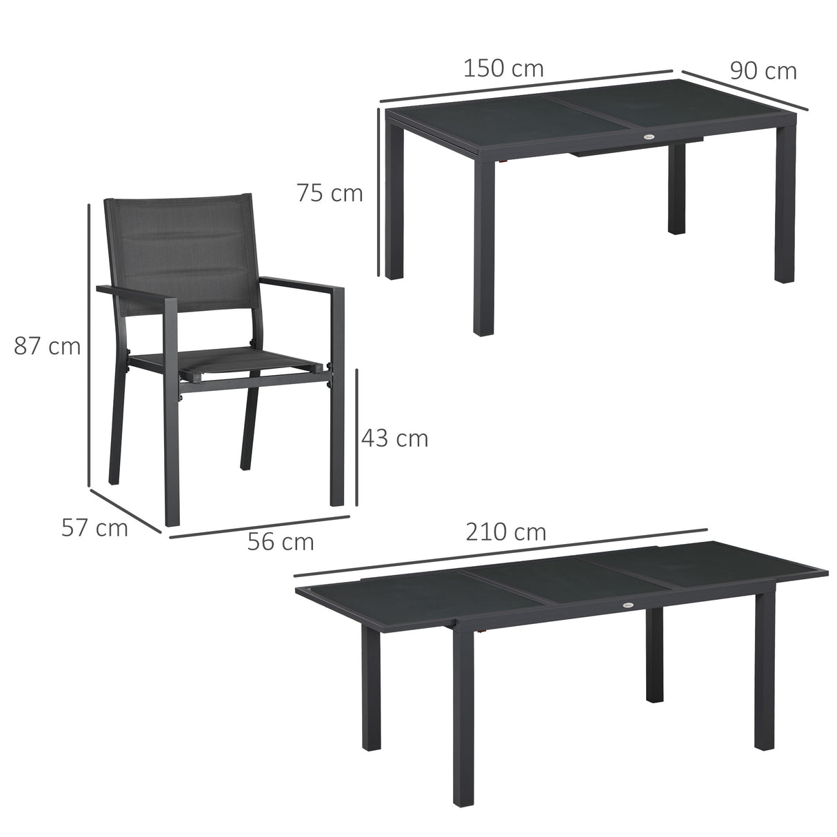 easycomfort easycomfort set da giardino con tavolo allungabile in vetro e 6 sedie con seduta traspirante grigio scuro