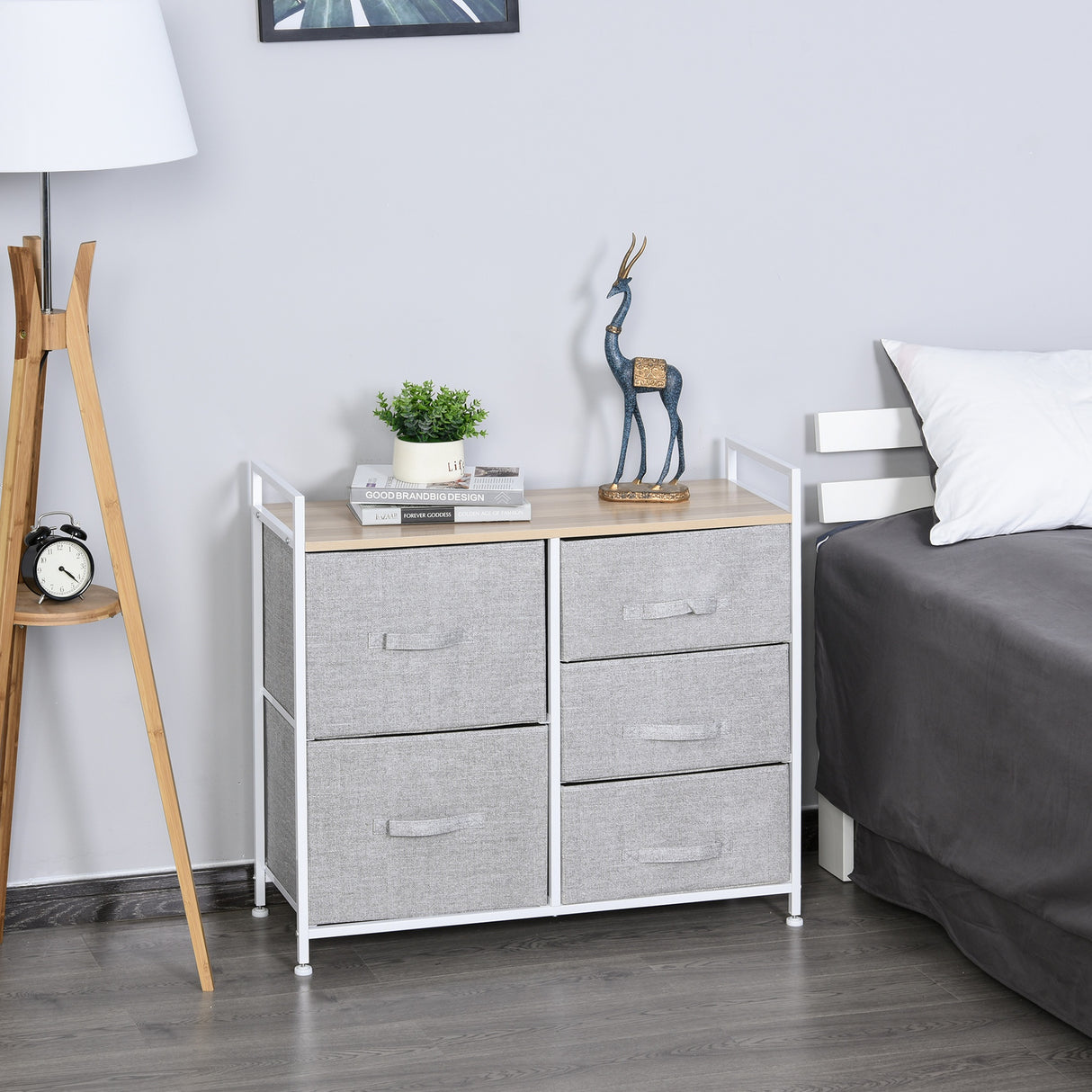 easycomfort easycomfort cassettiera in metallo bianco e legno con 5 cassetti pieghevoli e rimovibili in tessuto grigio 83lx 29p x 77acm ean 8054144134062