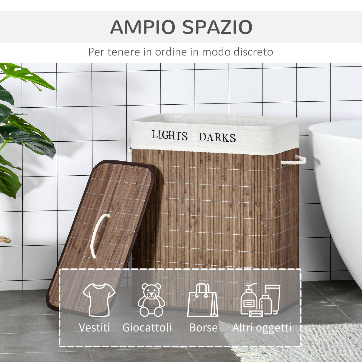 easycomfort easycomfort cesto per biancheria bambu da 100l con 2 scomparti coperchio e maniglie 52x32x63cm marrone