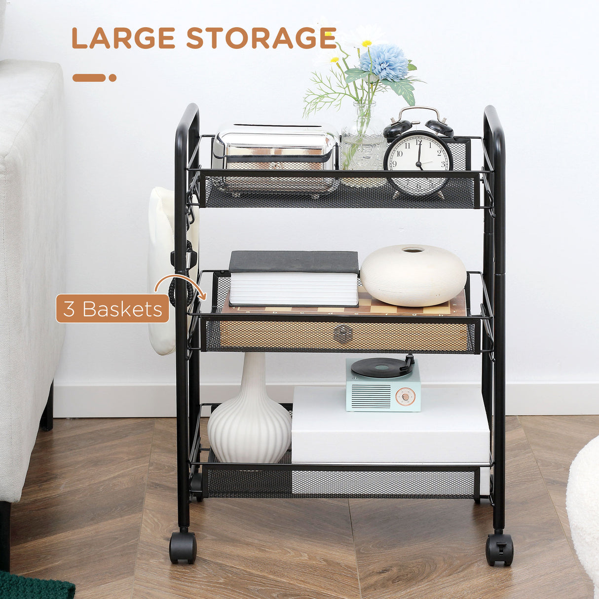 easycomfort easycomfort carrello da cucina a 3 livelli con cesti removibili e 4 ruote in acciaio e plastica pp 41 5lx26 5x63 cm nero