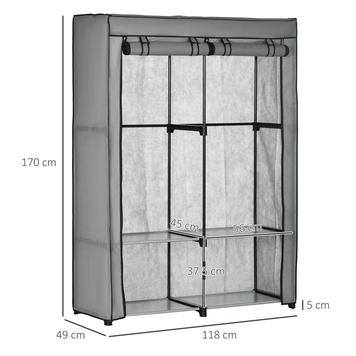 easycomfort easycomfort armadio guardaroba portatile in tessuto non tessuto con 4 ripiani aperti e 2 appendini 118x49x170 cm grigio