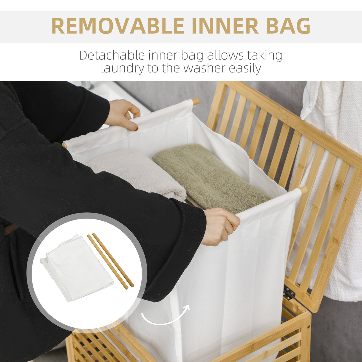 easycomfort easycomfort cesto portabiancheria a doghe in bambu e tessuto con coperchio e sacca rimovibile 50x36x60 cm