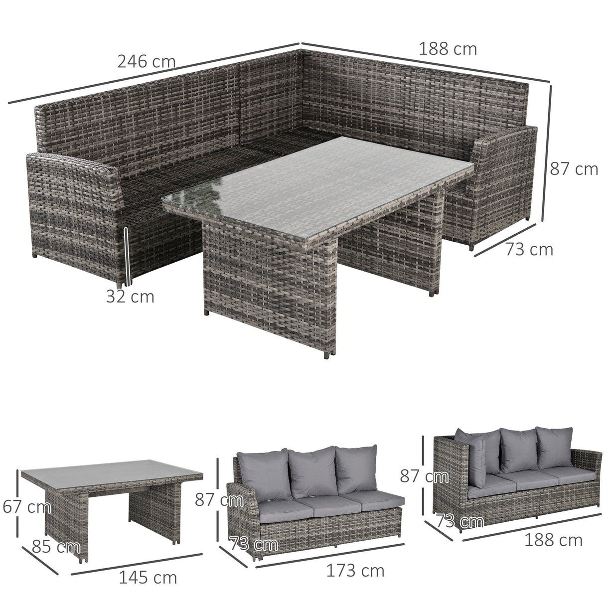 easycomfort easycomfort salotto da giardino set 3 pz con 2 divani da esterno e 1 tavolo da giardino in rattan sintetico grigio