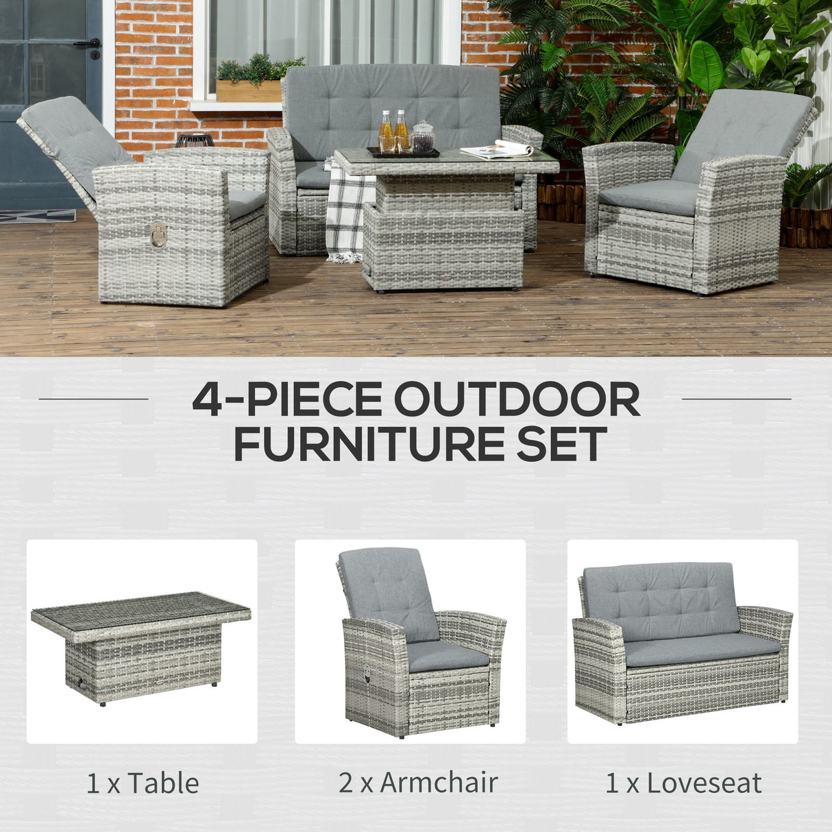 easycomfort easycomfort set da giardino 4pz in rattan grigio con tavolo ad altezza regolabile 2 poltrone reclinabili e divano 2 posti