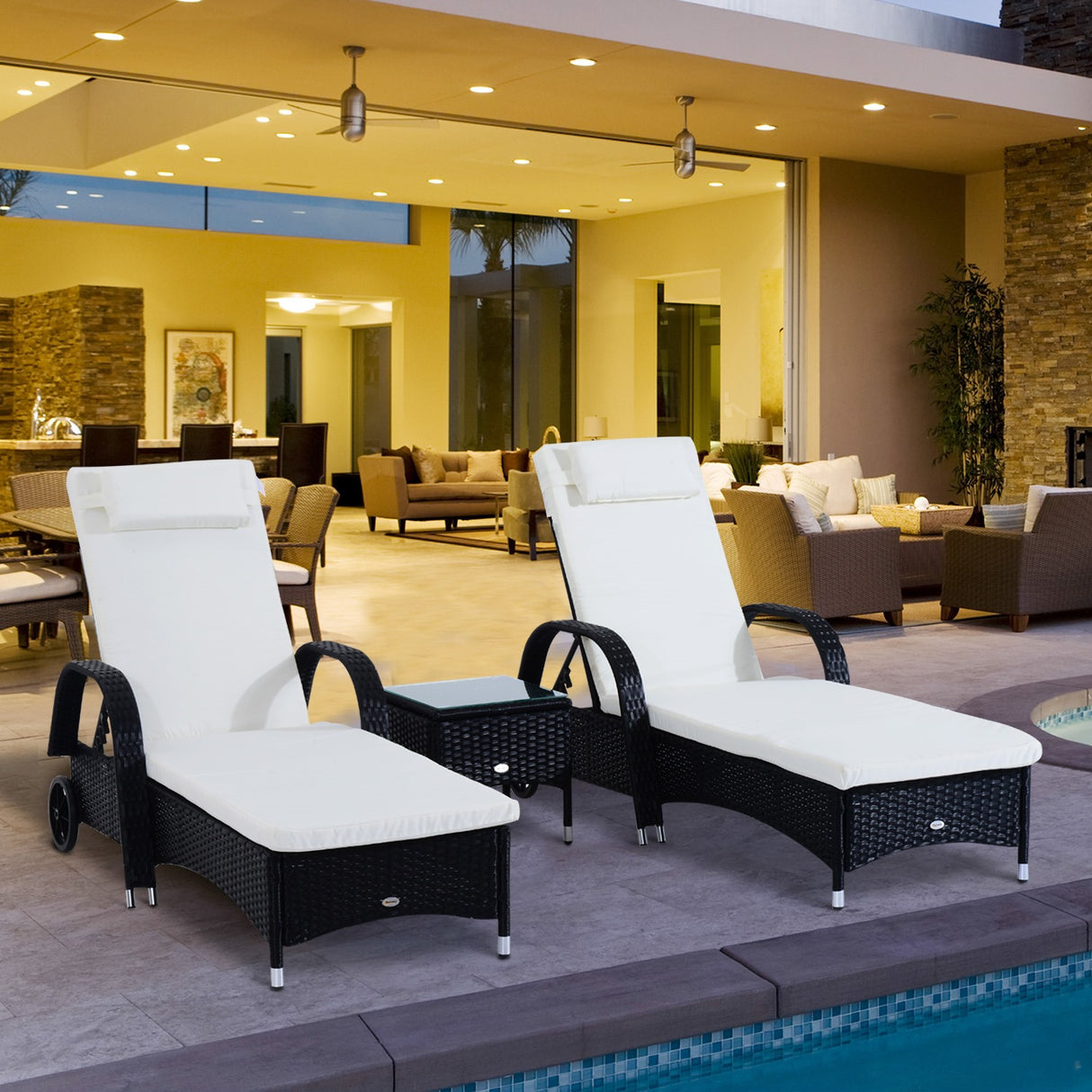 easycomfort easycomfort set mobili da giardino 2 sedie a sdraio e tavolino 3pz lettino prendisole rotelle reclinabile rattan nero