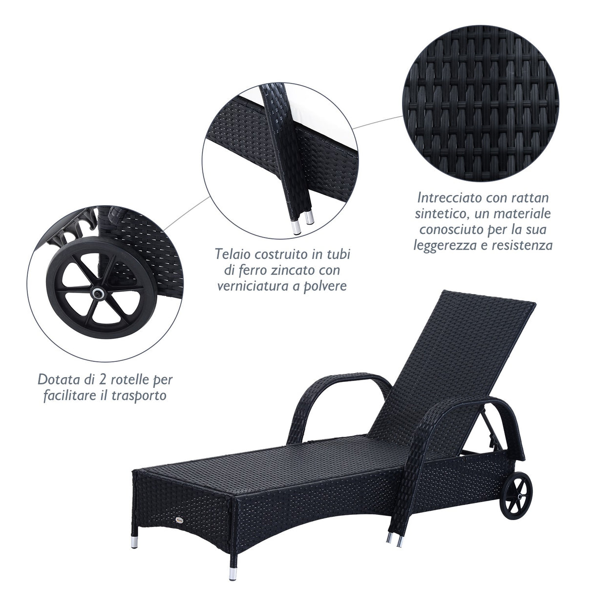 easycomfort easycomfort set mobili da giardino 2 sedie a sdraio e tavolino 3pz lettino prendisole rotelle reclinabile rattan nero