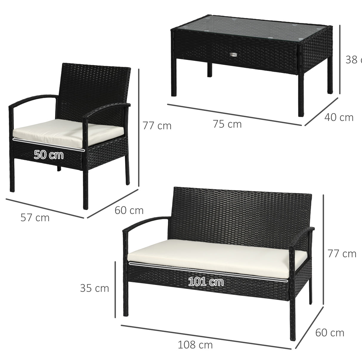 easycomfort easycomfort salotti da giardino in pe rattan con tavolino 2 poltrone e divano con cuscini nero