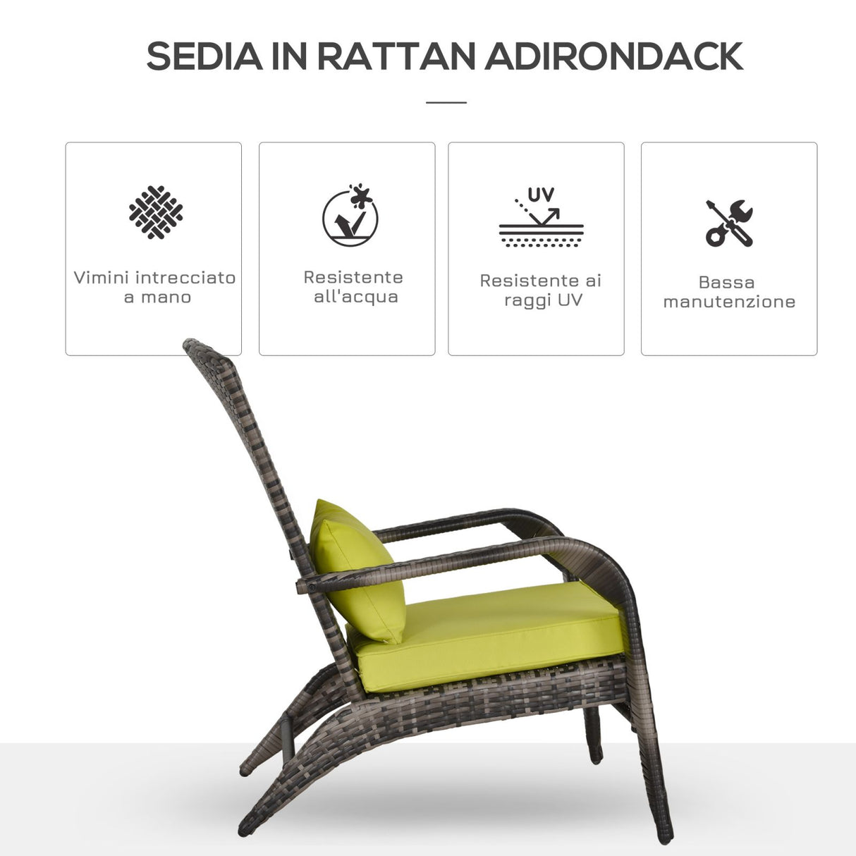 easycomfort poltrona da giardino in pe rattan con braccioli e cuscini imbottiti grigia e verde