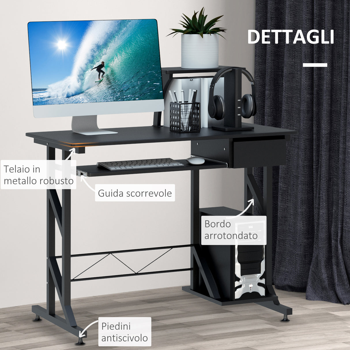 easycomfort easycomfort scrivania per computer salvaspazio in acciaio e legno con cassetto ripiano tastiera estraibile ean 8054111844086