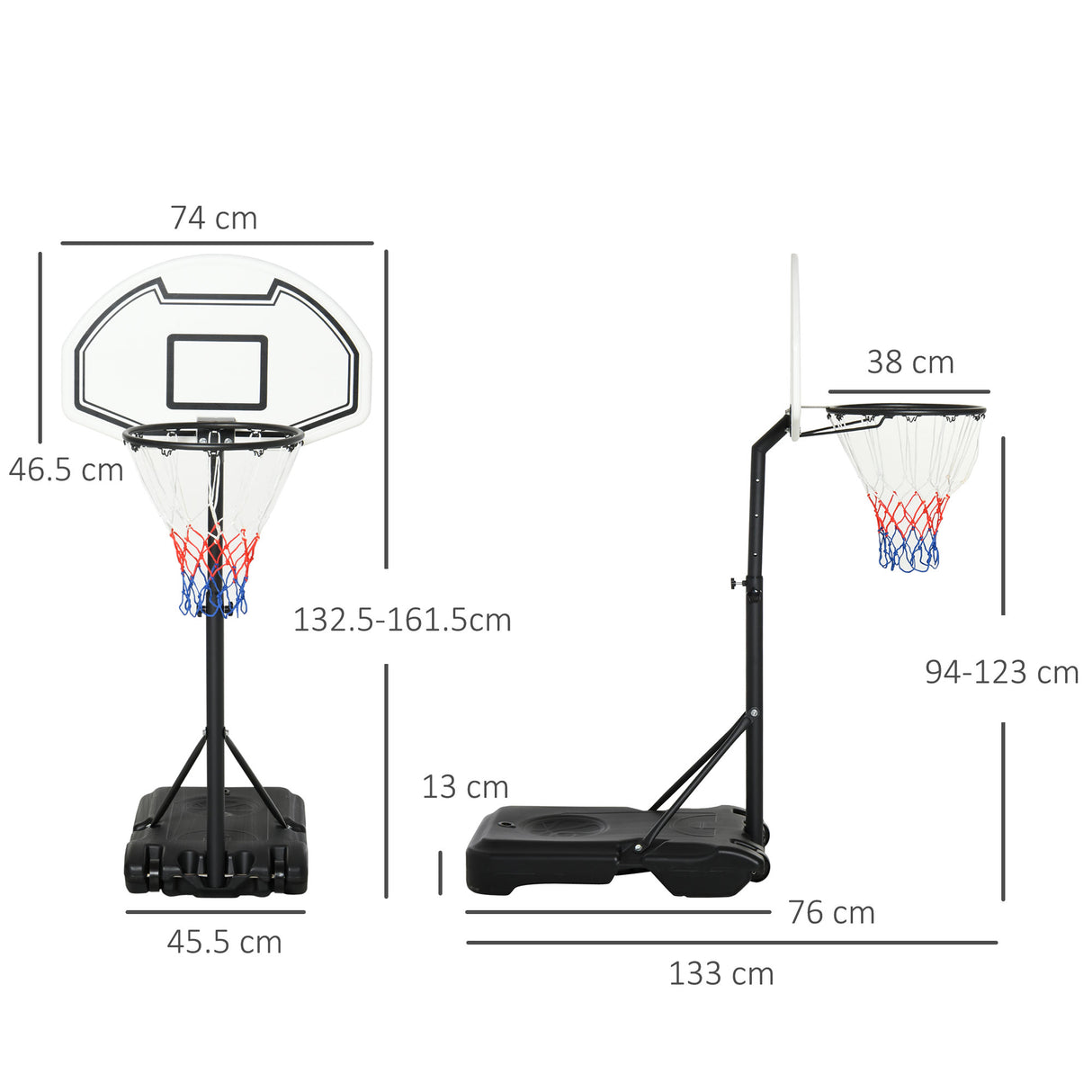 easycomfort canestro basket per bambini ad altezza regolabile 132.5   161.5 cm con base riempibile e ruote multicolore