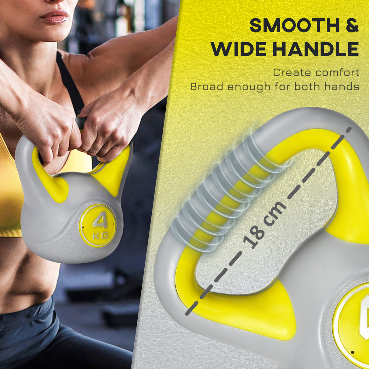 easycomfort easycomfort kettlebell 4kg in pu e sabbia con base piatta e impugnatura per stacchi squat e sollevamenti 18x12x20 cm giallo