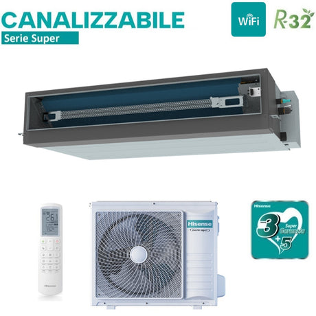 Climatiseur gainable Hisense Inverter série SUPER 24 000 BTU AUD71UX4RFM8 + AUW71U4RJ7 R-32 Wi-Fi en option Classe énergétique A++/A+ avec télécommande incluse