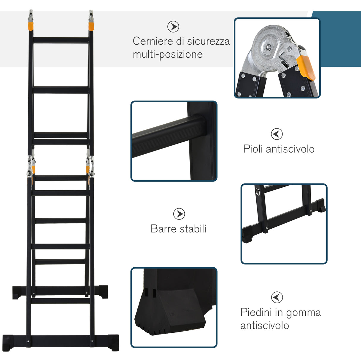 easycomfort scala in alluminio 5 in 1 nera per interni ed esterni carico massimo 150kg 370x61x11 cm