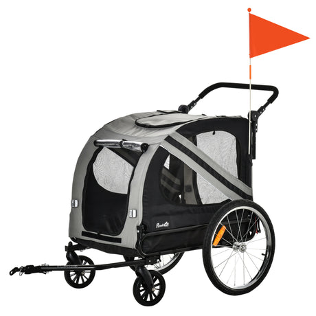 easycomfort rimorchio cani con ingresso a cerniera ruote e bandiera in acciaio e tessuto oxford grigio nero argento