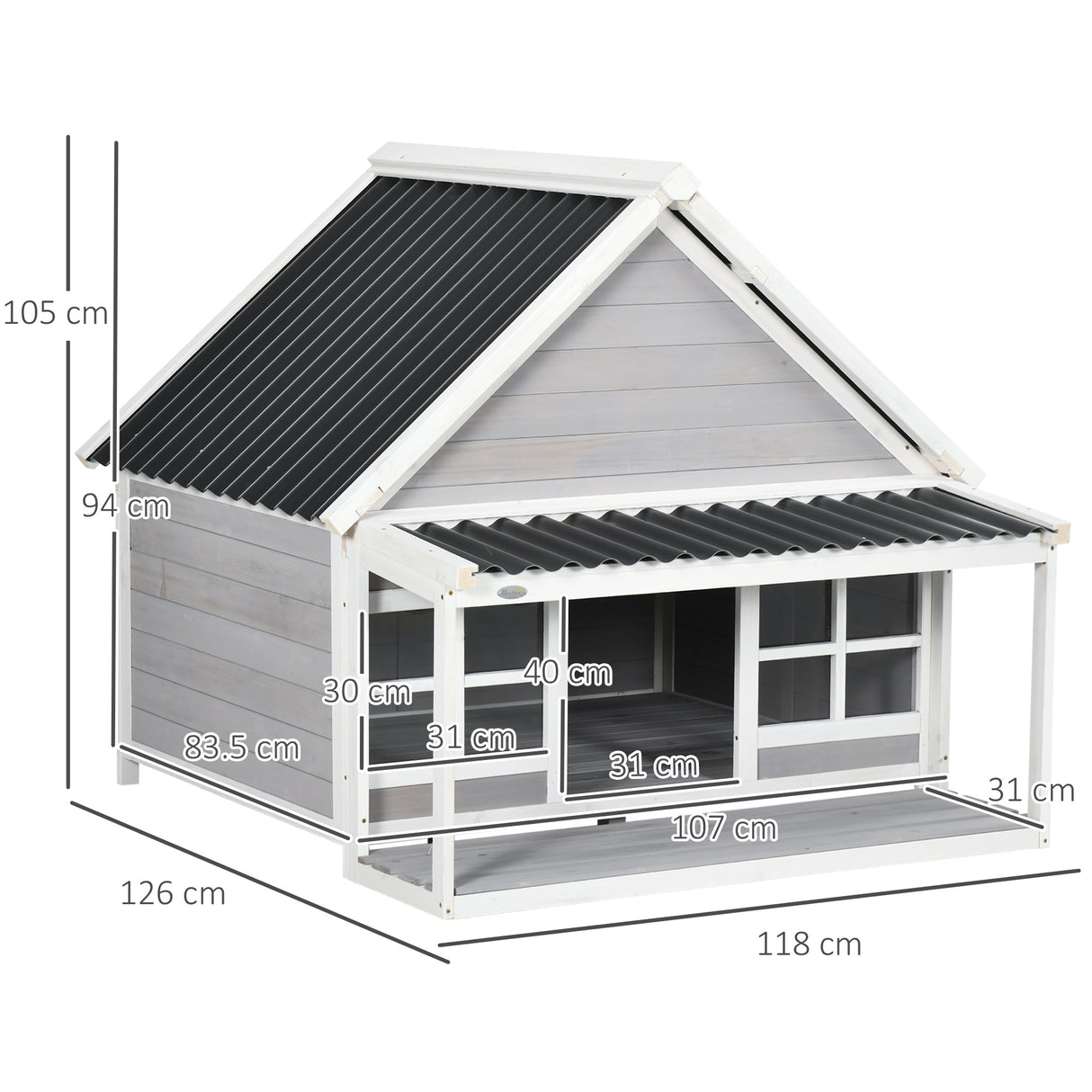 easycomfort easycomfort cuccia per cani da esterno in legno e pvc con portico e finestre 126x118x105cm grigio