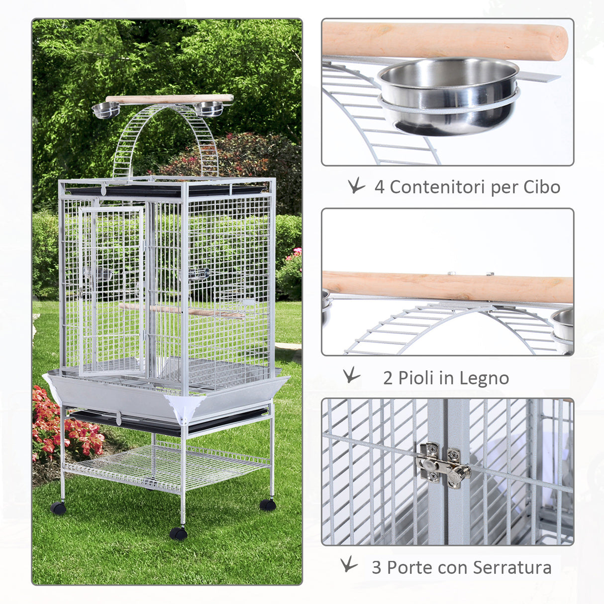 easycomfort easycomfort voliera per uccelli con ruote altezza 160cm vaschette per cibo e trespoli