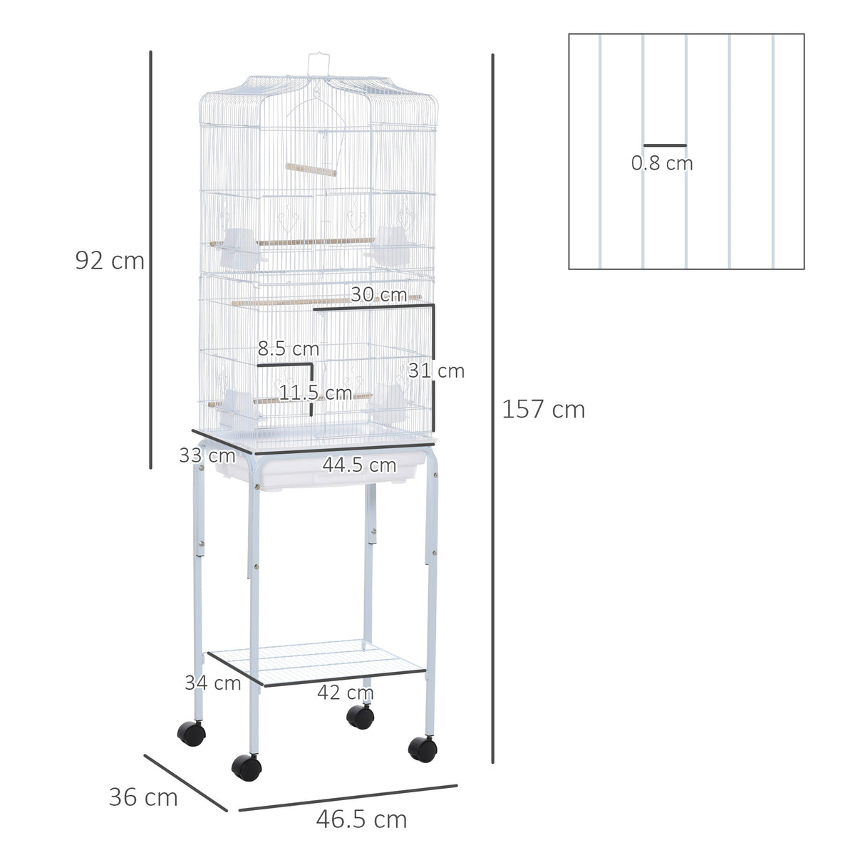 easycomfort easycomfort gabbia per uccelli voliera in metallo e acciaio con ruote trespoli e ciotole 46 5x36x157cm bianco