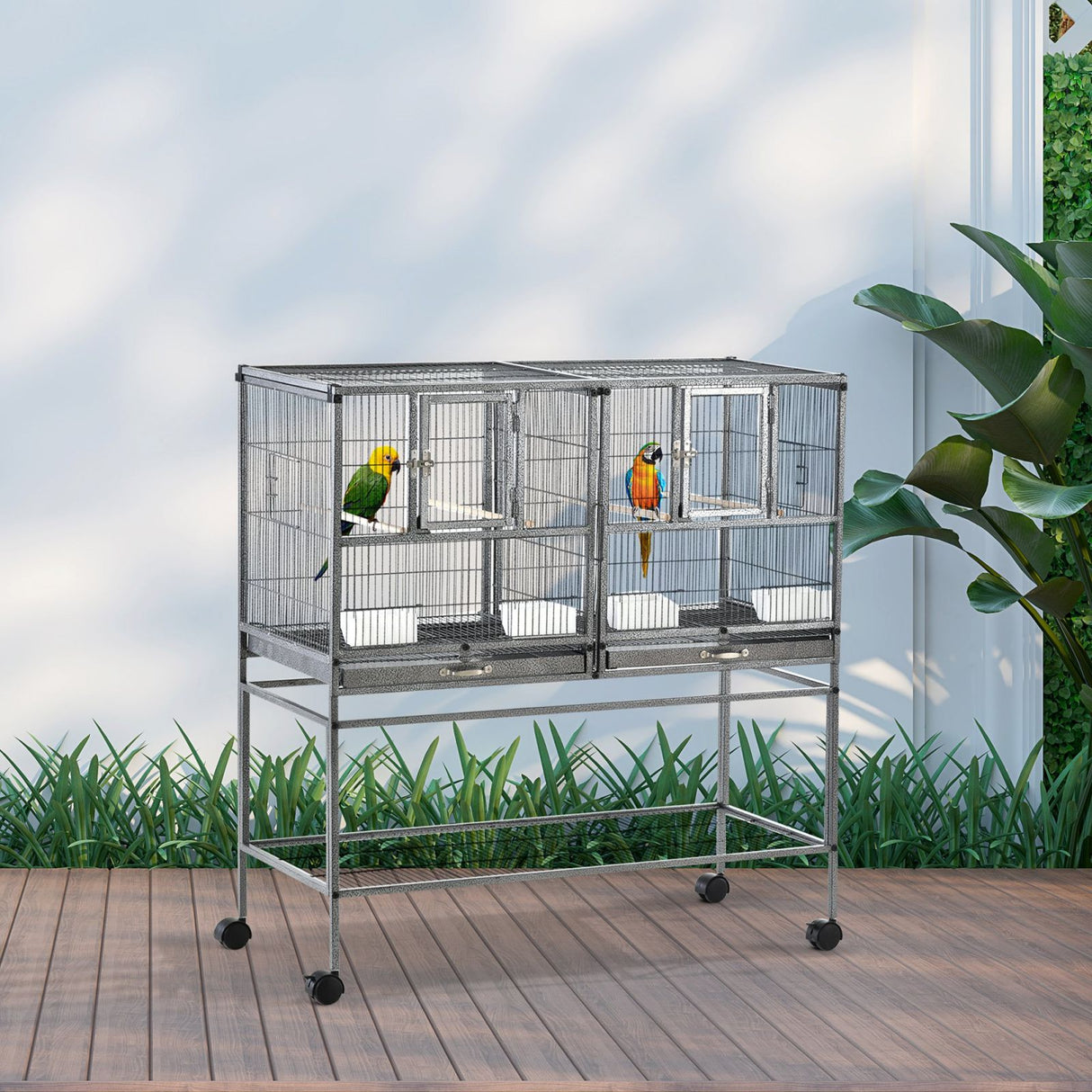 easycomfort doppia gabbia per uccelli in metallo con vassoi estraibili supporto con 4 ruote e ripiano 95x45.5x102cm grigio