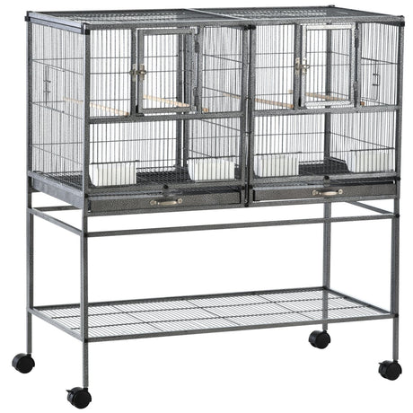 easycomfort doppia gabbia per uccelli in metallo con vassoi estraibili supporto con 4 ruote e ripiano 95x45.5x102cm grigio