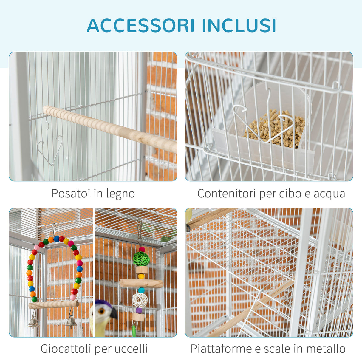easycomfort easycomfort gabbia per uccelli in acciaio e pp con posatoi giochi contenitori per cibo e vassoio 83x53x180 cm bianco