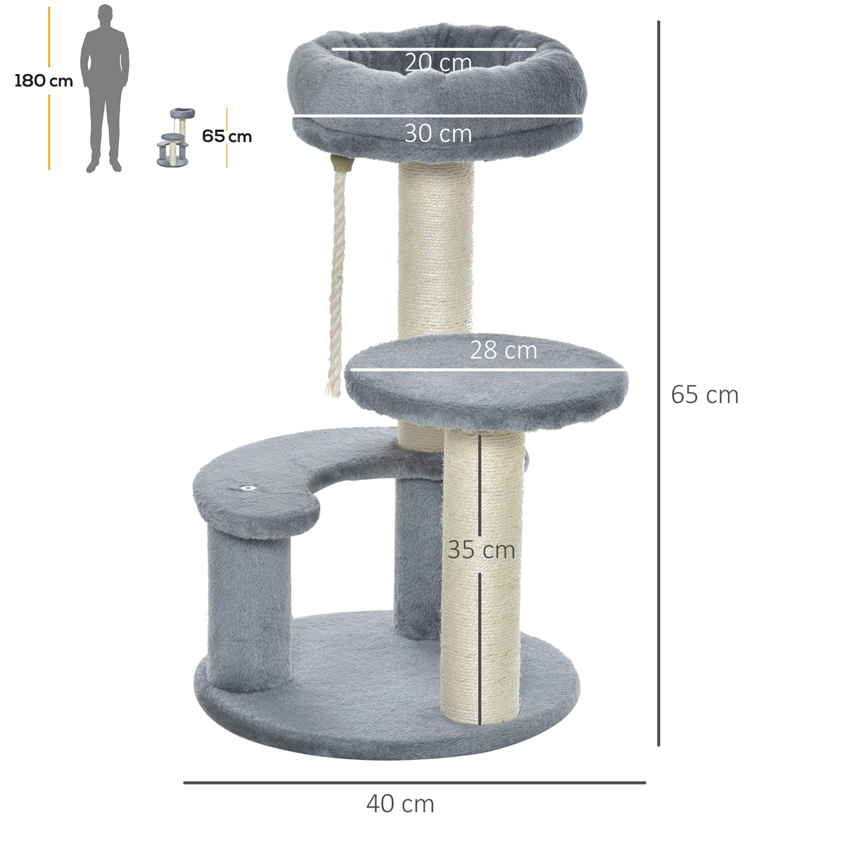 easycomfort easycomfort albero per gatti a 3 livelli in peluche sisal naturale grigio 40x65cm